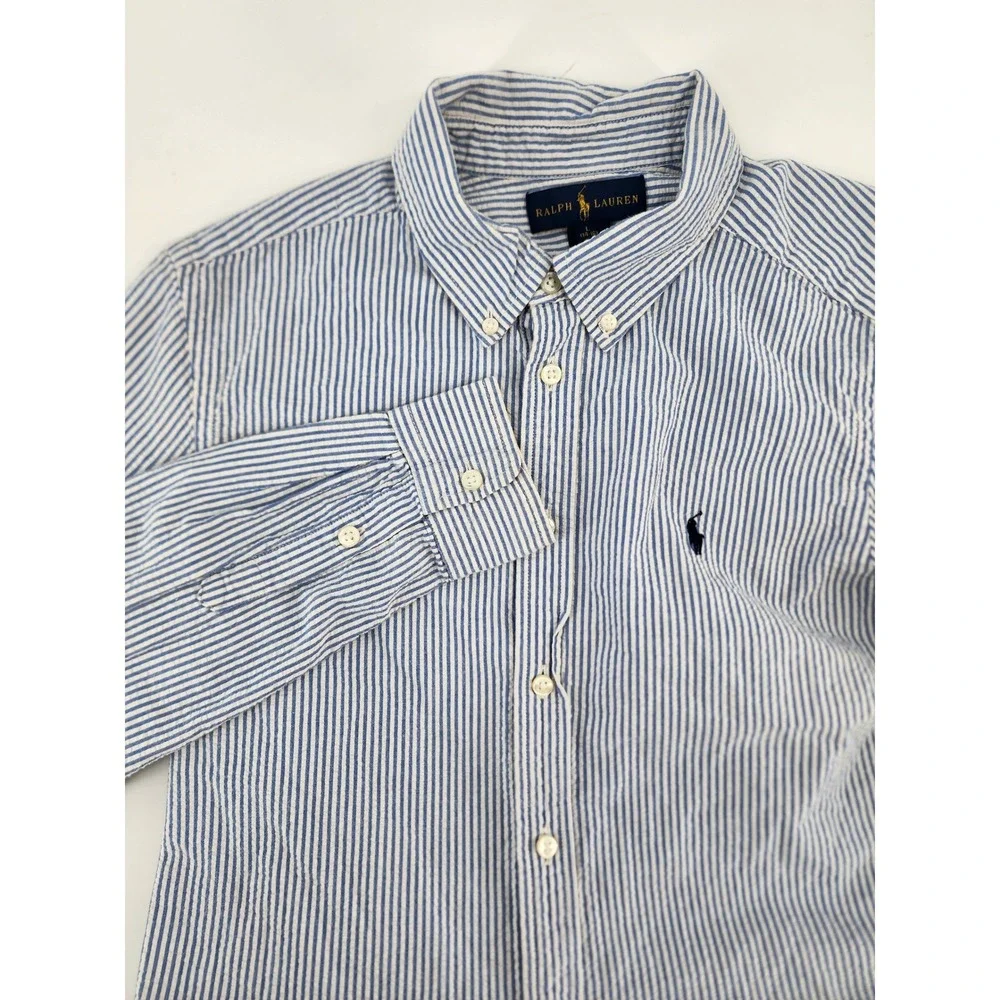 Ralph Lauren Kids Blue White Striped Seersucker Button Down Shirt Size L 14-16‎